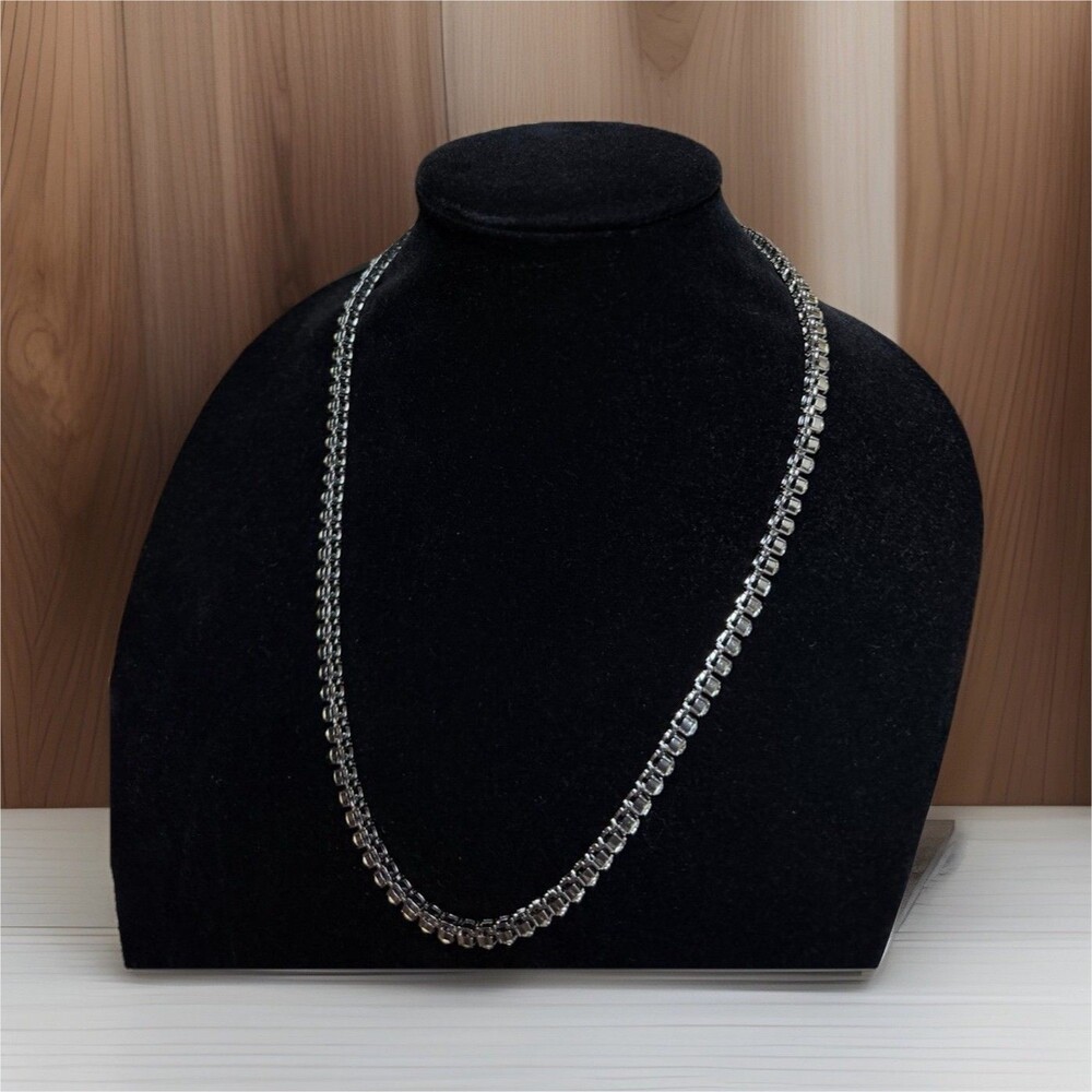 Silver Tone Tennis Chain Necklace Clear Simulated Diamond Rhinestones Prong